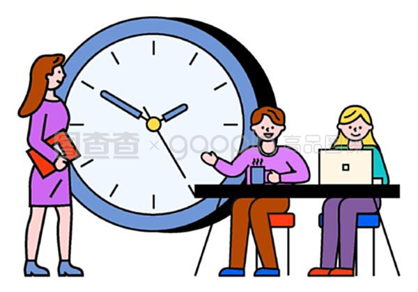 商務(wù)咨詢?nèi)藛T和與筆記本電腦的交流。工作時間、工作時間的男女。使用筆記本電腦的工人字符接近時鐘符號,專業(yè)團隊合作向量。與筆記本電腦合作的商務(wù)咨詢